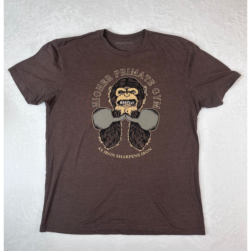 Higher Primate Gym Mens XL T-Shirt Brown Graphic As Iron Sharpens Iron Joe Rogan